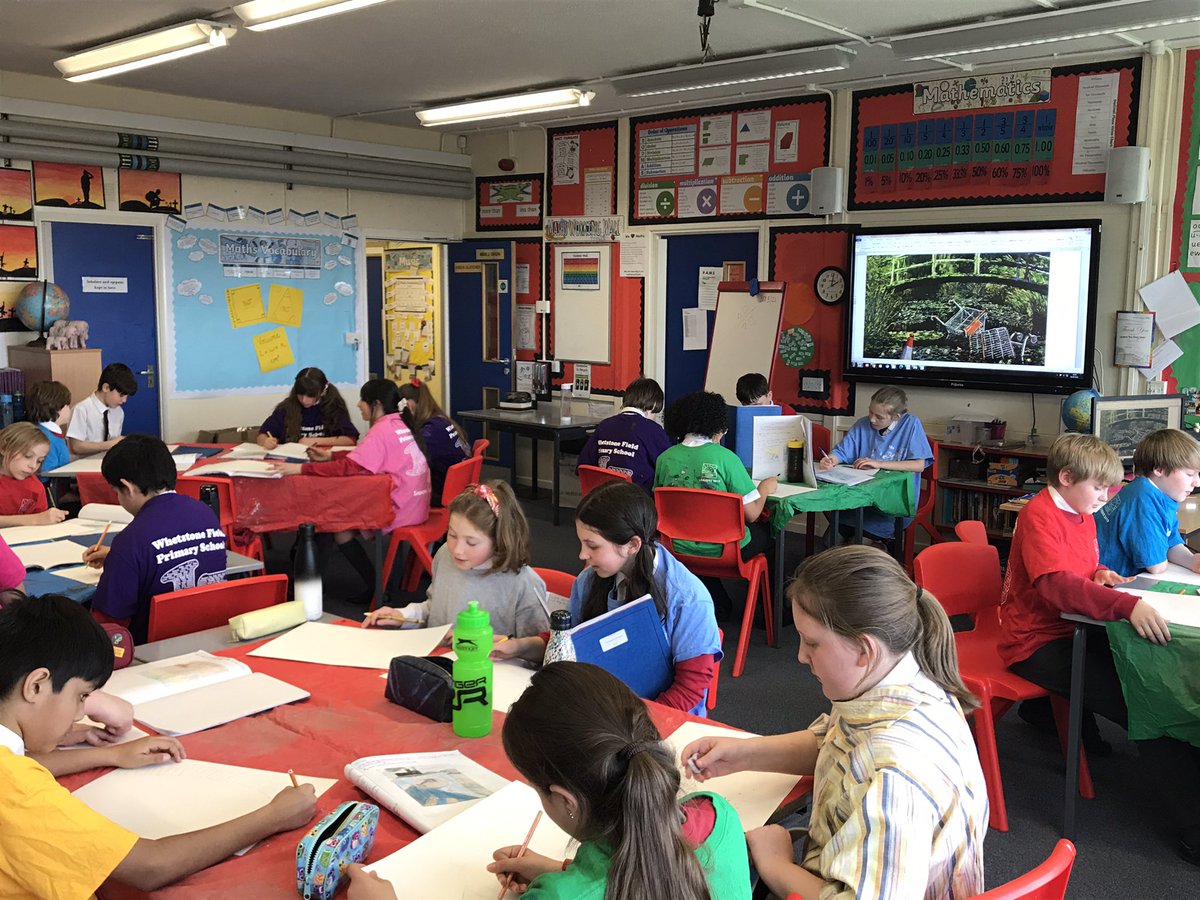 WhetstoneYear6's tweet photo. Year 6 are working hard to create their own Monet-inspired masterpieces. Once finished, their paintings will show how our landscape might change due to climate change and pollution. https://t.co/wGJCAhAQkG