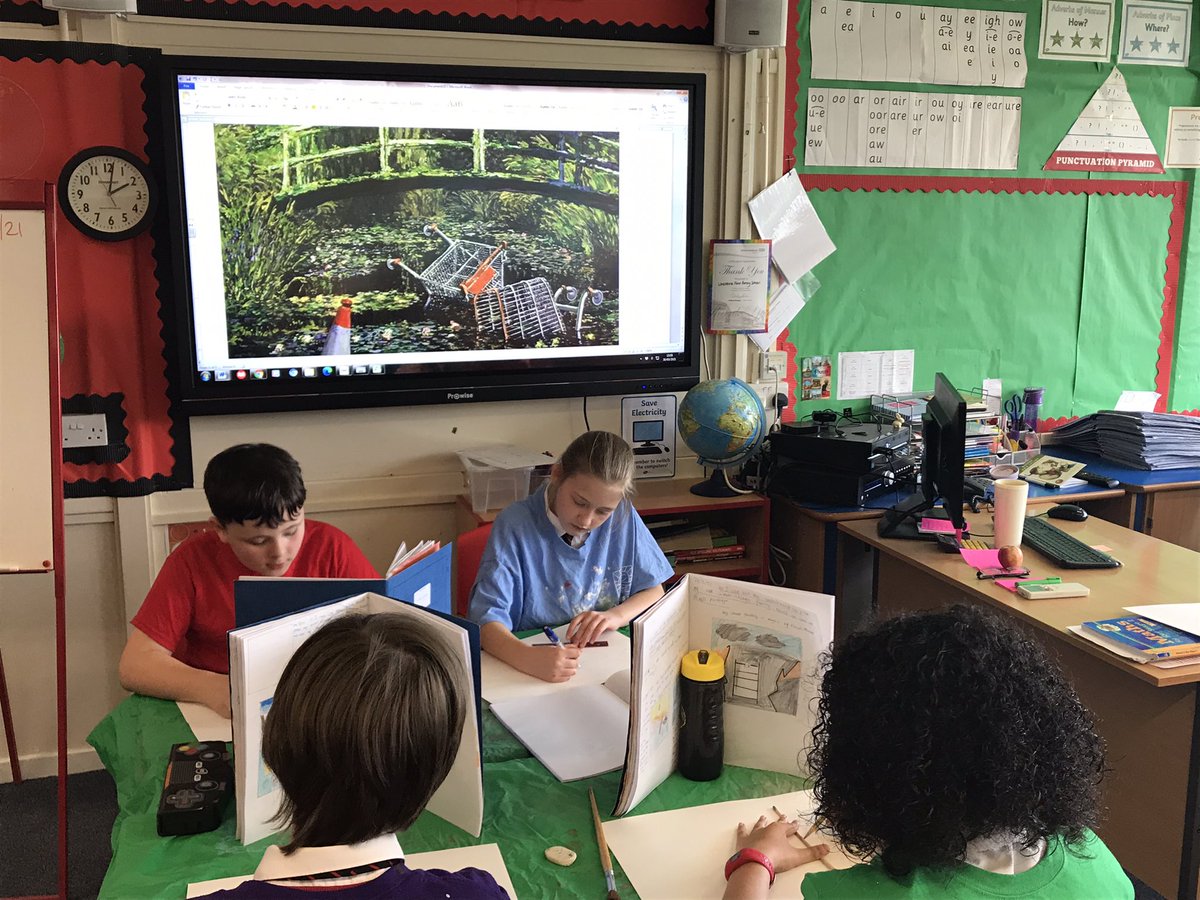 WhetstoneYear6's tweet photo. Year 6 are working hard to create their own Monet-inspired masterpieces. Once finished, their paintings will show how our landscape might change due to climate change and pollution. https://t.co/wGJCAhAQkG