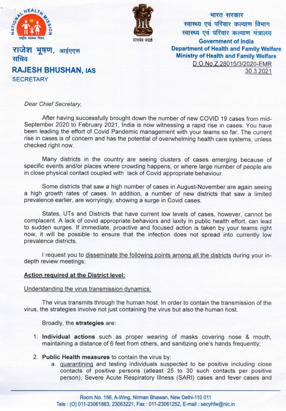 timesofindia's tweet photo. Union Health Secretary Rajesh Bhushan writes to Chief Secretaries and Administrators of all States/UTs, suggesting them action required at the district level in the wake of the #COVID19 situation. https://t.co/eepVfCXe4y