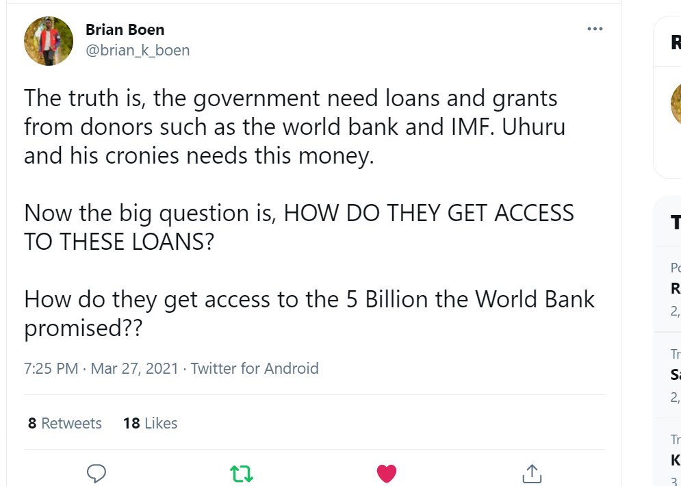 Kimaiyo's tweet photo. Shit. Mans spitted this wisdom 3 days ago after Lockdown. He had seen the future. This was Uhuru's strategy to get this loan! https://t.co/LwptXKK8Ek
