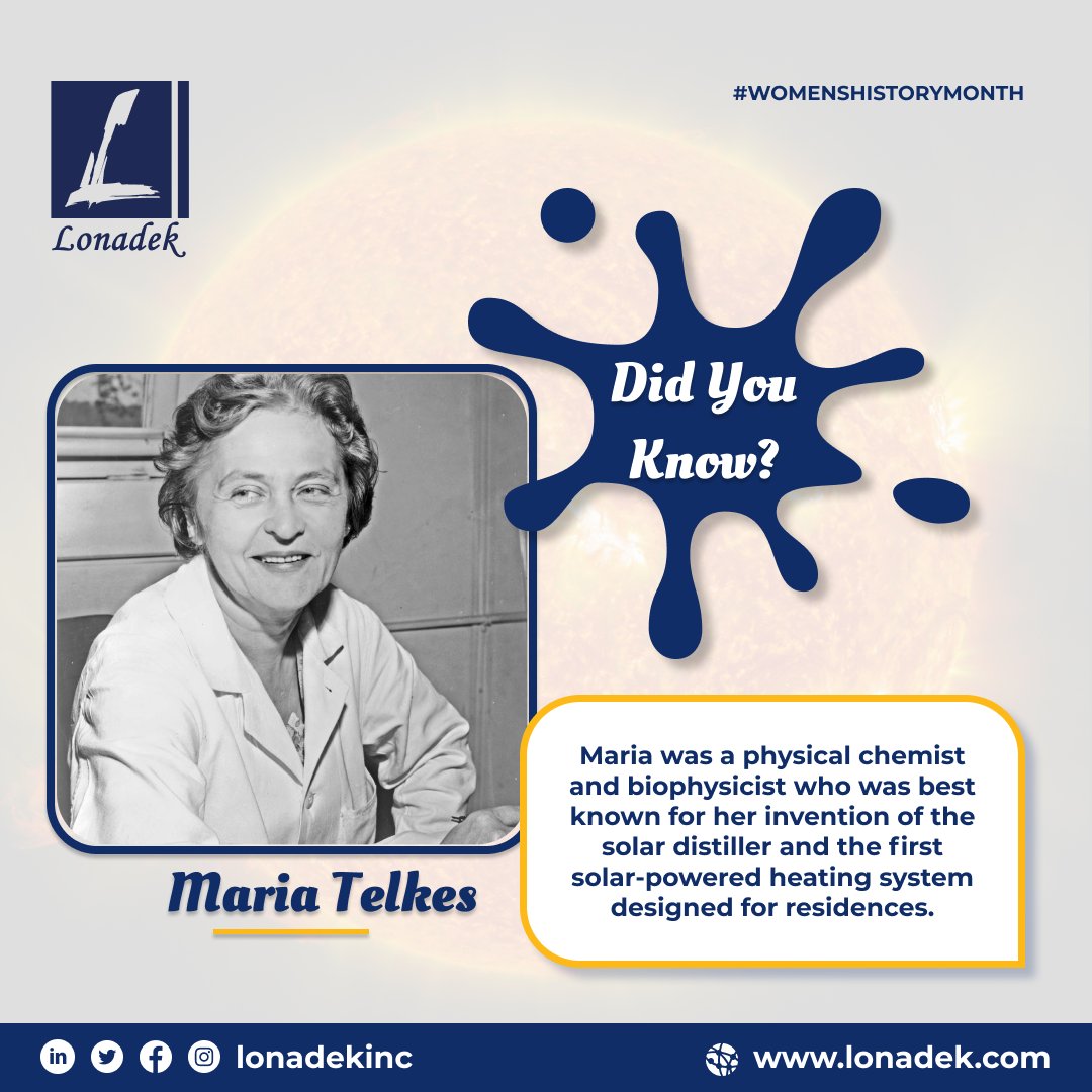 تويتر \ Lonadek Inc. على تويتر: "Maria Telkes often referred to as "Sun Queen" was best known for her invention of the solar distiller and the first solar-powered heating system designed for