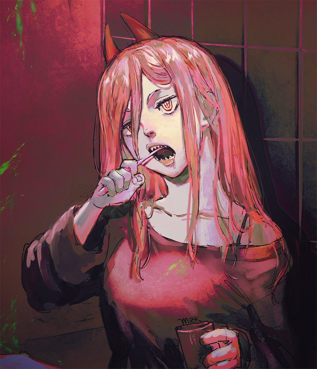 power (chainsaw man) 1girl horns solo long hair open mouth red horns teeth  illustration images