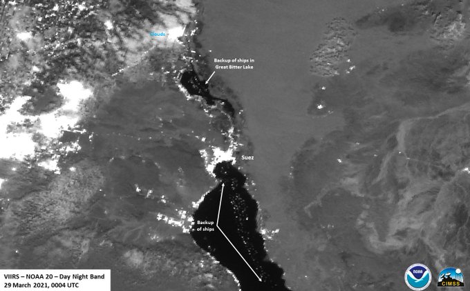 WMO's tweet photo. The NOAA-20 Satellite caught this nighttime view on 29 March of the traffic jam of cargo ships (tiny white dots), trying to gain entry into the #Suez Canal once the #EvenGiven ship was removed after blocking access for six days.
Via @NOAASatellitePA https://t.co/nQRdABBYyK