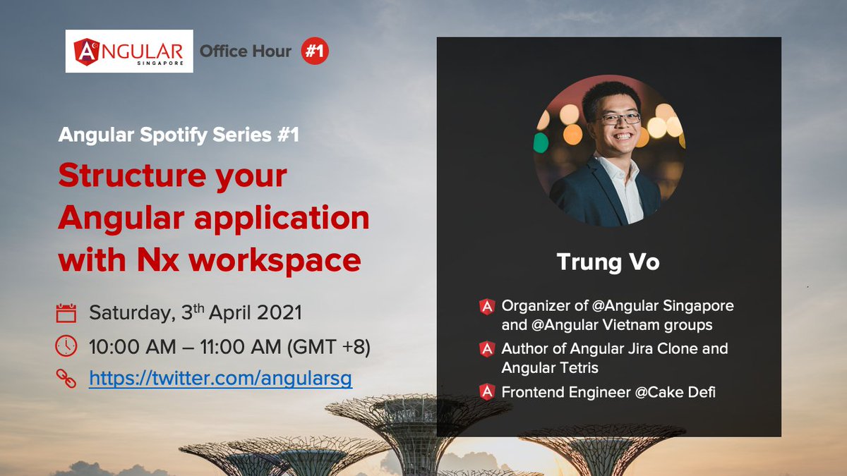 angularsg's tweet image. Thanks for the overwhelmingly positive feedback for #angularspotify from all of you. This Saturday, I will explain about Nx structure for #angularspotify. See all of you there! ๐
Live stream: youtu.be/9njo6MZWBN0
Source code: github.com/trungk18/angulโฆ