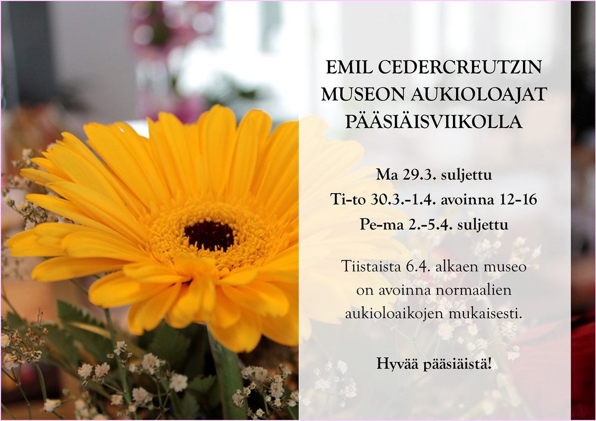 Emil Cedercreutzin museo on pääsiäisviikolla avoinna ti-to 30.3.-1.4. klo 12-16 ja suljettu pe-ma 2.-5.4. Tiistaista 6.4. alkaen museo on jälleen avoinna normaalien aukioloaikojen mukaisesti. Hyvää pääsiäistä! ☀️