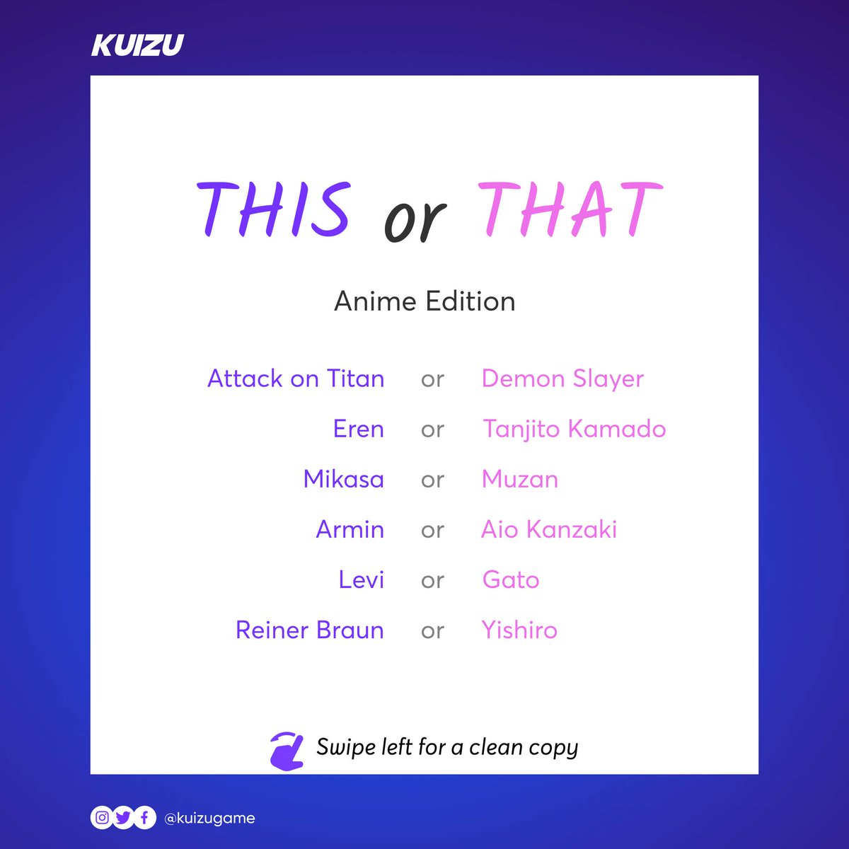 Kuizugame's tweet photo. #Anime lovers get in here. Fill this according to your terms 😂. Quote this tweet with your copy. Can't wait to see the choices you make.

In case you don't know, the Kuizu app is now available on iOS, check it out here- https://t.co/sG5p4wRjav . https://t.co/HS37098fNg