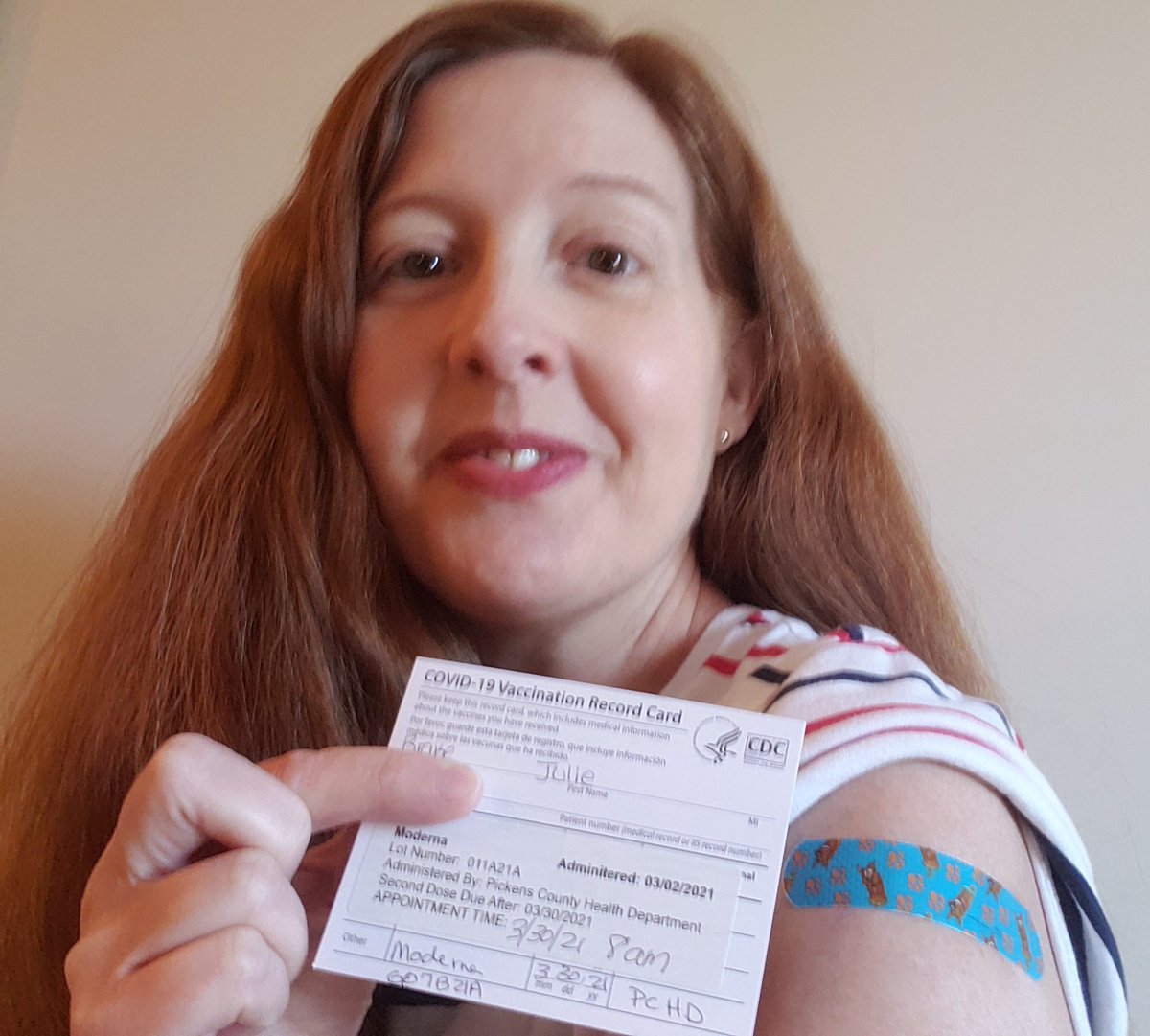 JulieBrakeRD's tweet photo. 2 weeks til the mask is no longer needed! #secondshot #countdowntoimmunity #georgiarocks #healthdepartment #thisisourshot #dietitians #crushcovid #vaccineswork
@BuildUpRDNs @ThisIsOurShot https://t.co/xlwrM08ib5