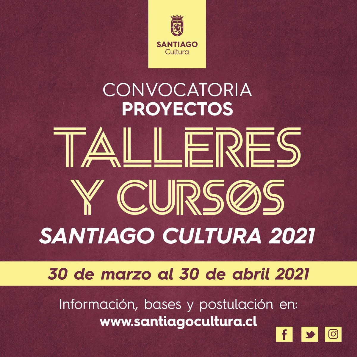stgocultura's tweet photo. Atención artistas, educadores, talleristas, estamos programando los Talleres y Cursos Santiago Cultura 2021.
Info, bases y postulación aquí https://t.co/x5e4D35XqU https://t.co/gIGSvMl6jt