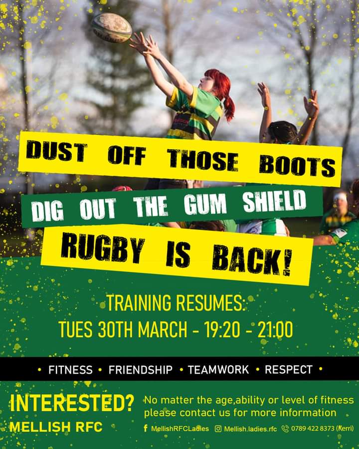 Training is back tonight for the senior Mens &amp; Ladies teams.

The weather is glorious and perfect for anyone new wanting to give rugby a go or looking to get back into it.

Training starts at 19:30 &amp; we'd love to see you.

#rugby #rugbyunion