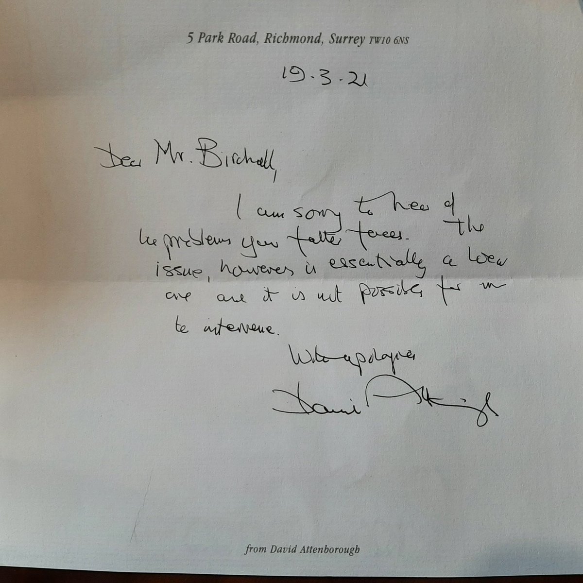 petethepond's tweet photo. So Sir David Attenborough sent me a response to the letter my daughter wrote to him about my situation. Unfortunately there's nothing he can do but to have handwritten letter has put a smile on my face. https://t.co/I8z0QJnLqU