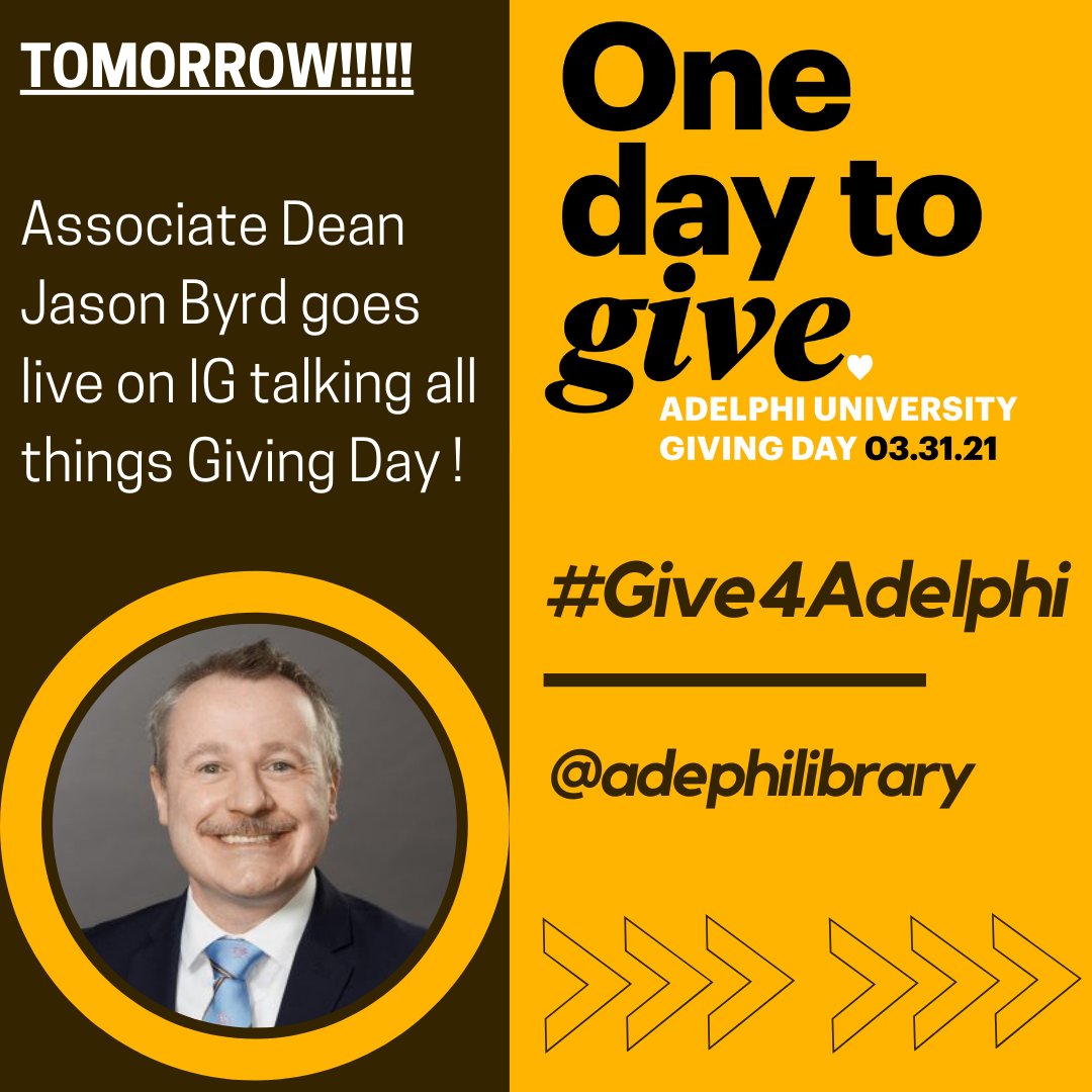 AdelphiLibrary's tweet image. Giving Day ♥️
Join Associate Dean Jason Byrd
on Instagram LIVE talking all things
Giving Day!!
(03/31) @ 10am
#give4adelphi #AdelphiAlumni #PantherPride  #StayGold #library #Adelphi @AdelphiU