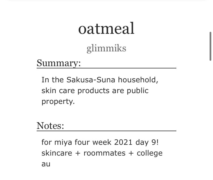 gingkojis's tweet photo. OATMEAL

#sakuatsu 
rated T | 2k | day 9 - free
#MiyaFourWeek2021 @MiyaFourWeek 

https://t.co/UYFH0T6UKg https://t.co/bPa4FM6fh0