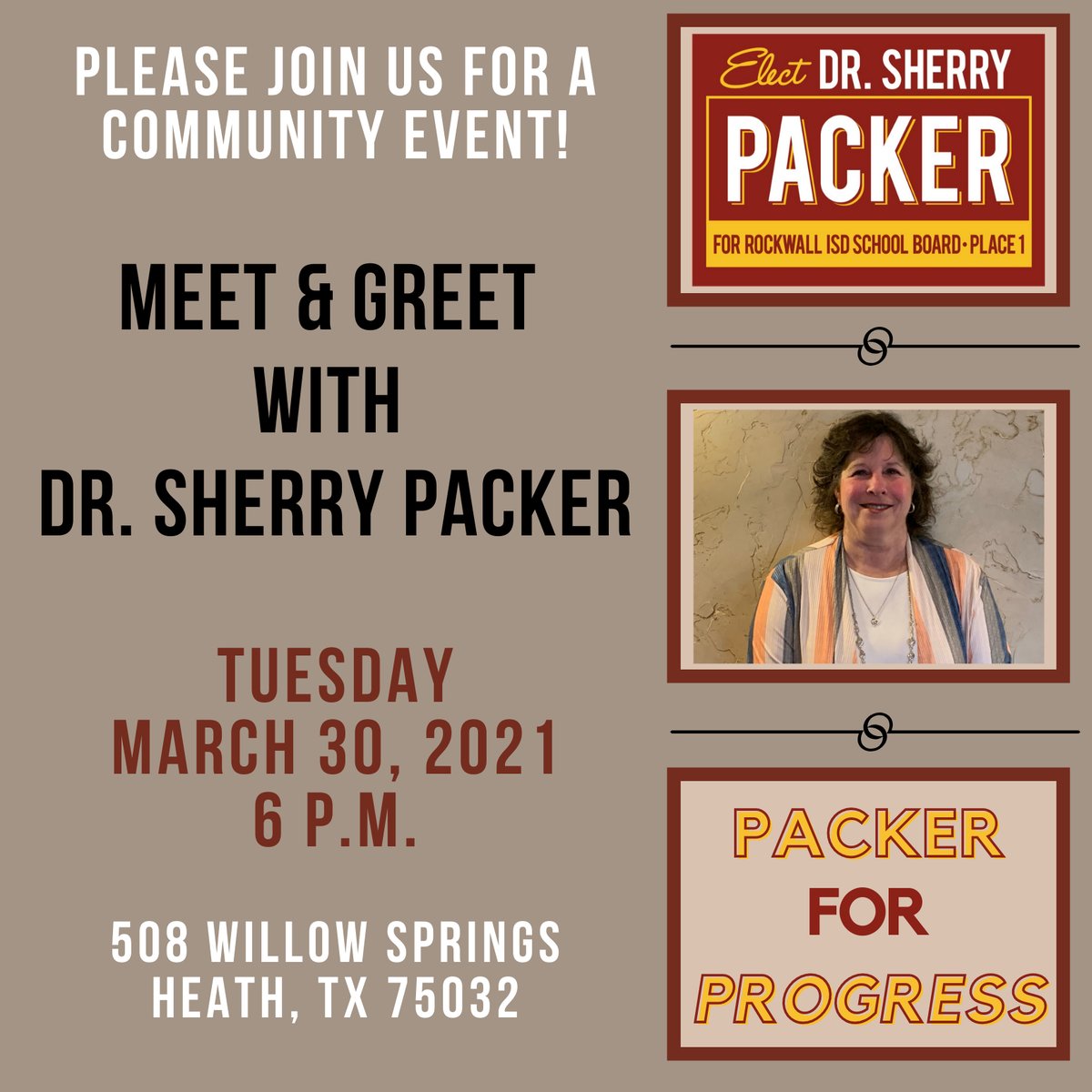 Packer4Progress's tweet photo. I'm looking forward to visiting with everyone tonight! #packerforprogress #ILoveRockwallISD #OurCommunityOurKids https://t.co/nJZLJqn2Zv