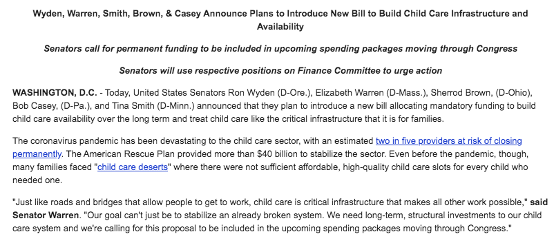 brycecovert's tweet photo. A group of senators are going to introduce a bill to fund  building new childcare availability, both addressing the childcare shortage that existed before the pandemic and making a clear case to the Biden admin that childcare is infrastructure https://t.co/8I6g2BP8t6