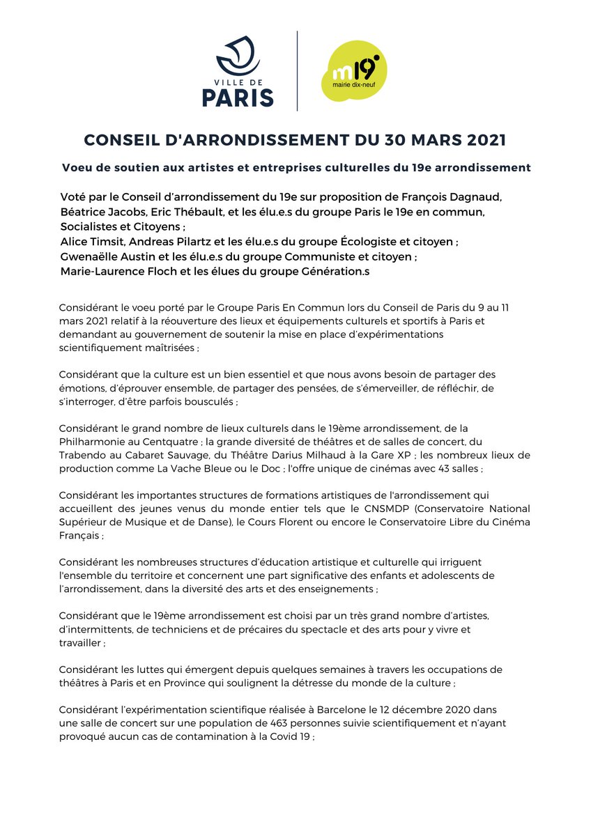 Paris19e's tweet photo. Adoption d’un vœu en soutien au artistes et entreprises culturelles du 19e arrondissement. https://t.co/14puIWgFQo
