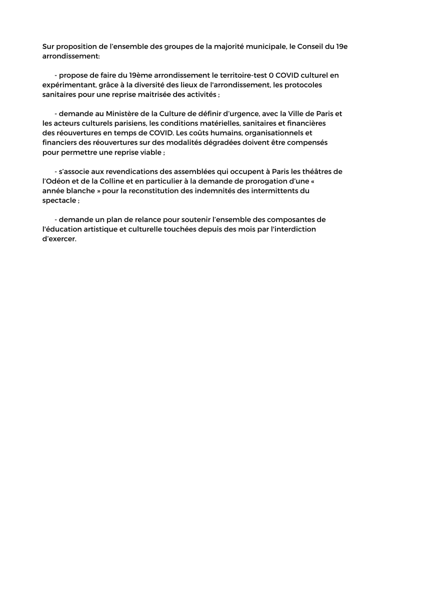 Paris19e's tweet photo. Adoption d’un vœu en soutien au artistes et entreprises culturelles du 19e arrondissement. https://t.co/14puIWgFQo