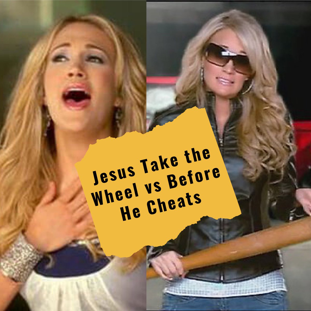 It should be no surprise that our Best of <a href="/carrieunderwood/">Carrie Underwood</a> Bracket has come down to these 2 songs: 

Jesus Take The Wheel vs Before He Cheats 

Vote here as voting ends Saturday night. polltab.com/bracket-poll/A…