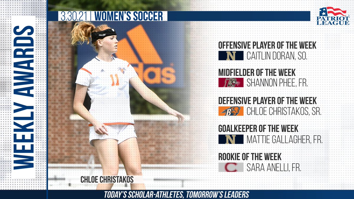 ⚽️ 𝗣𝗮𝘁𝗿𝗶𝗼𝘁 𝗟𝗲𝗮𝗴𝘂𝗲 𝗔𝗻𝗻𝗼𝘂𝗻𝗰𝗲𝘀 𝗪𝗼𝗺𝗲𝗻’𝘀 𝗦𝗼𝗰𝗰𝗲𝗿 𝗣𝗹𝗮𝘆𝗲𝗿𝘀 𝗼𝗳 𝘁𝗵𝗲 𝗪𝗲𝗲𝗸 (𝟯.𝟯𝟬.𝟮𝟭)

Navy collected two weekly awards, while Bucknell, Colgate, and Lafayette all took home one.

🔗 bit.ly/3cCfNBu

#PatriotWSOC