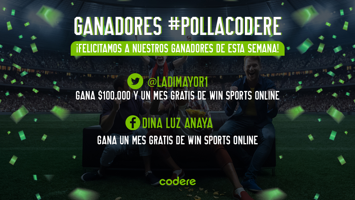 CodereCO's tweet photo. ¡Felicidades! 🎉 a nuestros ganadores de la fecha anterior en la #PollaCodere  

🥇@Ladimayor1 desde Twitter con 7 aciertos se lleva $100.000 y un mes de Win Sports Online.

🥈Dina Luz Anaya desde Facebook con 6 aciertos se lleva un mes de Win Sports Online. https://t.co/X8ohrwrz9T