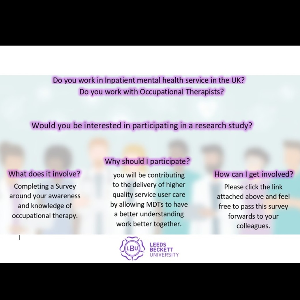 poppy_ot's tweet photo. Do you work within inpatient mental health?

Are you NOT an Occupational therapist/ Occupational therapy assistant or Occupational therapy student?

Please consider taking part in my research!! All participation is anonymous &amp; will be greatly appreciated!

https://t.co/SlZY40VNjI https://t.co/eUxvtf0uuI