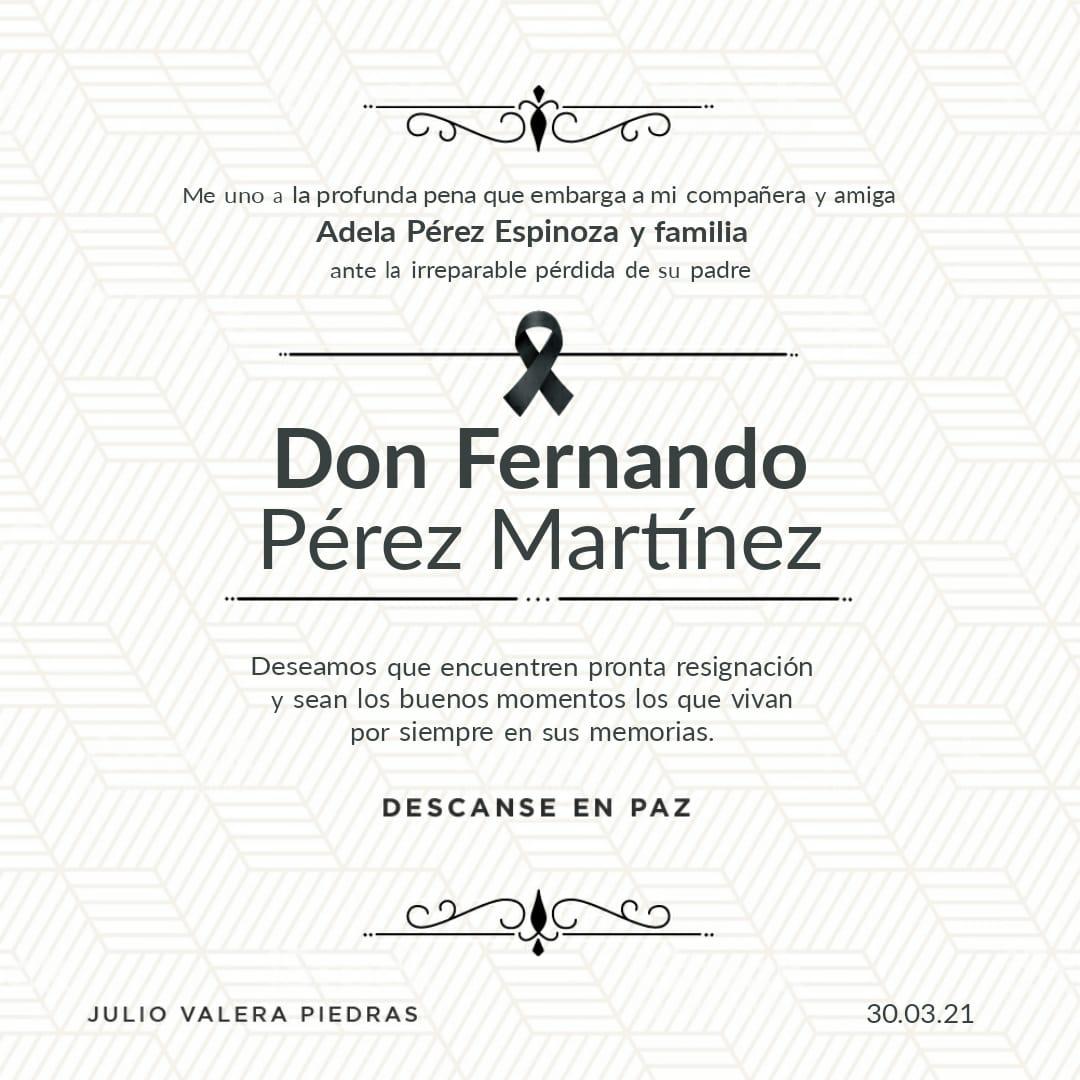 jmvalerapiedras's tweet photo. Mi más sentido pésame a mi compañera y amiga @Adela_Perez_E, por la irreparable pérdida de su padre, Don Fernando Pérez Martínez, deseando que encuentren pronta resignación. 
Descanse en paz. https://t.co/25Tj1uh2nm