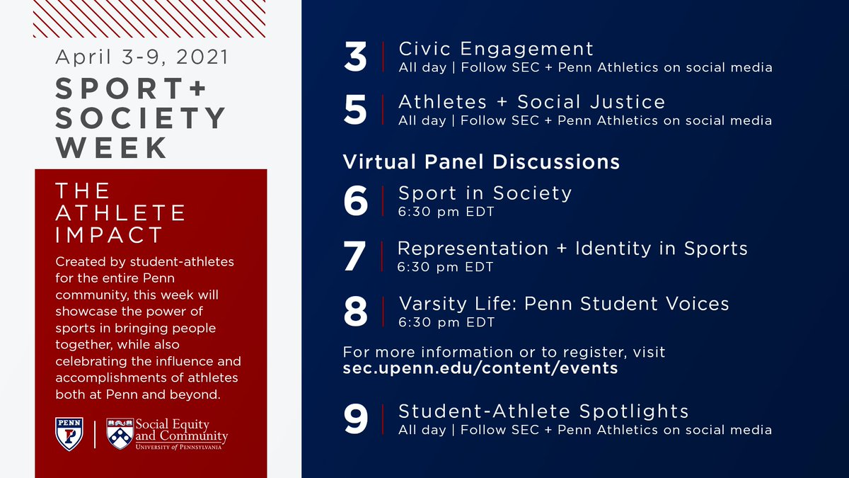 SECPenn's tweet photo. We are just one week away from Sport &amp; Society Week! Here's the full calendar. For more information, click the link in bio. https://t.co/Tur8KqQwNu
