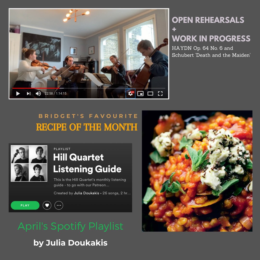It’s that time of the month again! Up on our Patreon this month is a fun new Spotify playlist by Jules, recipes by Bridget, some work in progress vids and open rehearsals too. Click below to become a patreon patron! patreon.com/hillquartet