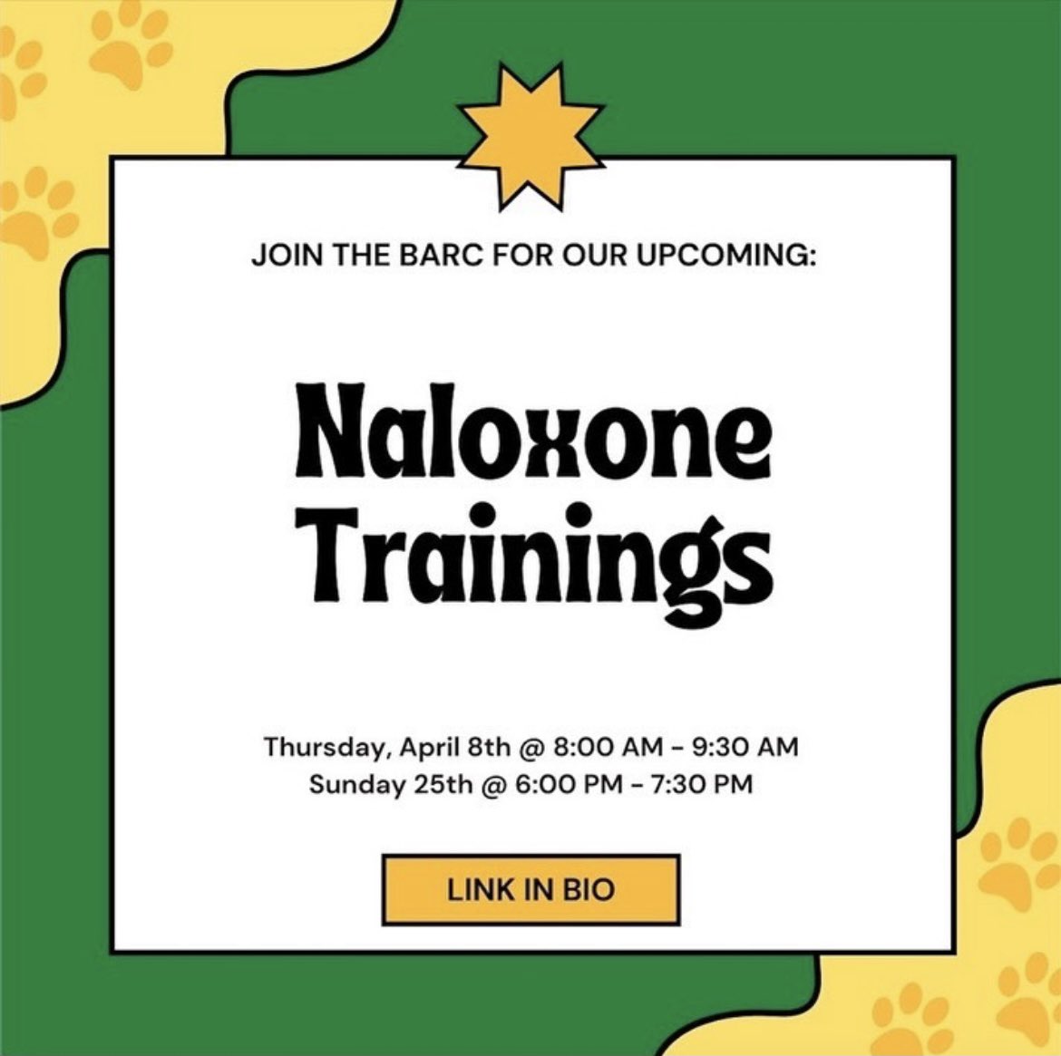 BaylorWellness's tweet photo. The BARC has two more Naloxone trainings coming up in April. If you have not been trained on how to reverse an opioid overdose, be sure to register today! You don’t want to miss it! 

Check out the link in the BARC’s instagram bio (@baylorbarc) to register! https://t.co/b6uu7jFCXb
