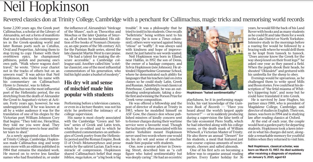 patrick_kidd's tweet photo. 1/ Calling classicists: in January, Neil Hopkinson, a fellow @TrinCollCam, brilliant scholar and lovely man, died aged just 63. Obit below. The college has today launched a memorial fund to support students from low-income families to read classics there

https://t.co/RLDbNHgL7d https://t.co/ctqlUrn9FG