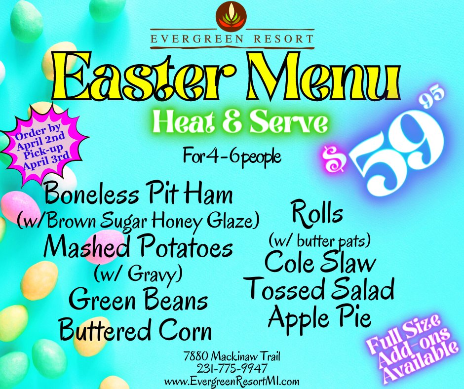 evergreenmi's tweet photo. Friday is the last day to order.  It's the same delicious goodies that made our Easter Brunch so famous for $59.95, feeds up to 6, plus full-size add-ons. Let us do the cooking for you.  Call 231-775-9947 or fill out a quick form https://t.co/2YEFFbzouh 
#easter #easterdinner https://t.co/ihIyCOkSLP