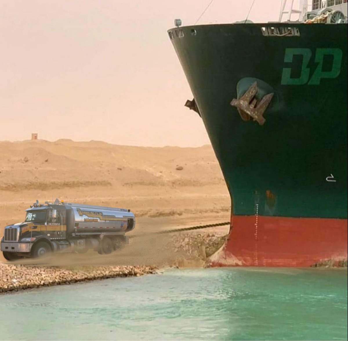 INB20Club's tweet photo. If you were wondering how the #SuezCanal was cleared yesterday...rumor has it that B20 Club members Al Warren Oil Company and Altom Transport came in with the assist using the #power of B20 #biodiesel! #FueledByLaughter #TheyveGotJokes #SoDoWe #Winning https://t.co/zo5Dd0CD79