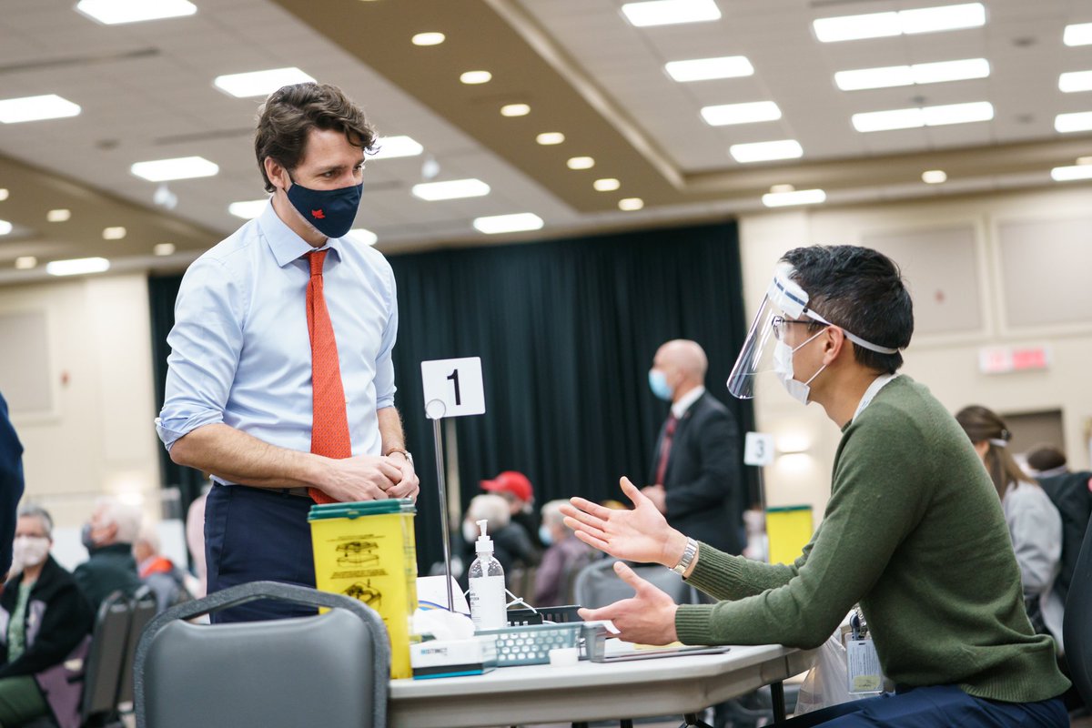 JustinTrudeau's tweet photo. In clinics across the country, including the one I visited in Ottawa earlier, more and more people are getting their vaccines - and that’s good to see. To everyone who’s playing a critical role in these efforts, thank you. Your hard work isn’t going unnoticed. https://t.co/QXgMZqDeCk