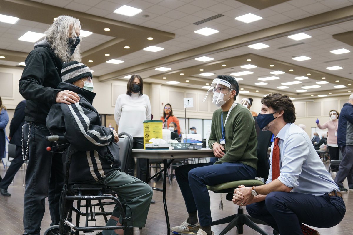 JustinTrudeau's tweet photo. In clinics across the country, including the one I visited in Ottawa earlier, more and more people are getting their vaccines - and that’s good to see. To everyone who’s playing a critical role in these efforts, thank you. Your hard work isn’t going unnoticed. https://t.co/QXgMZqDeCk