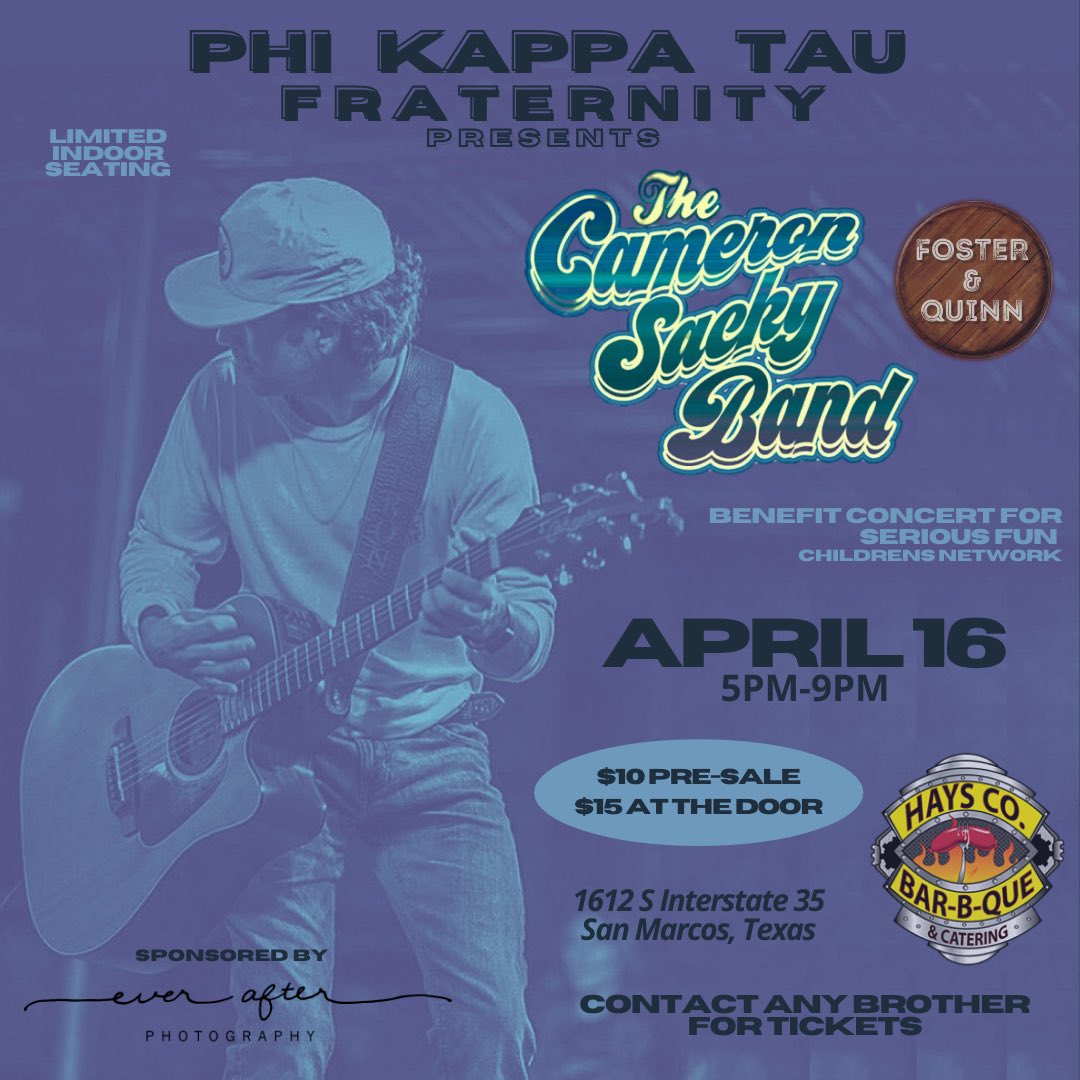 txstphitau's tweet photo. Come out Friday, April 16 for some great music and barbecue all supporting a great cause! A portion of food sales and 100% of ticket sales goes directly to @seriousfun_camps just mention Phi Tau at the food checkout. #gofar https://t.co/jlMtL4braC