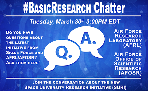 AFOSR's tweet photo. We launch 🚀 today’s #BasicResearch Chatter hour with Dr. Stacie Williams, AFRL/AFOSR's Space Architect, & science and contracting SMEs. Have questions about @DeptofDefence's SURI FOA? Reply with your questions or include #AskAFOSR in your tweet. #AFOSRSURI #SpaceScience #Grants https://t.co/j48h3Y0lrZ