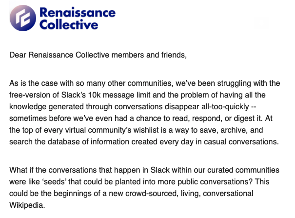 dksf's tweet photo. * Slack limitations for communities.
* Collaborative conversational wikis.

@RenCo_Community's newsletter touching on some interesting community themes we've been talking about with @jjacobs22 @cpaik and others recently. https://t.co/nSmugUTrih
