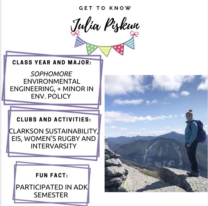 ClarksonHonors's tweet photo. Hi All! This is Julia Piskun! Julia performs research in 2 different areas. Firstly, she continues the work she started during the ADK semester on legacy mercury in vernal pools. She has also started a project with Prof. Merrett on energy cycle integration! https://t.co/higuhI7Gtv