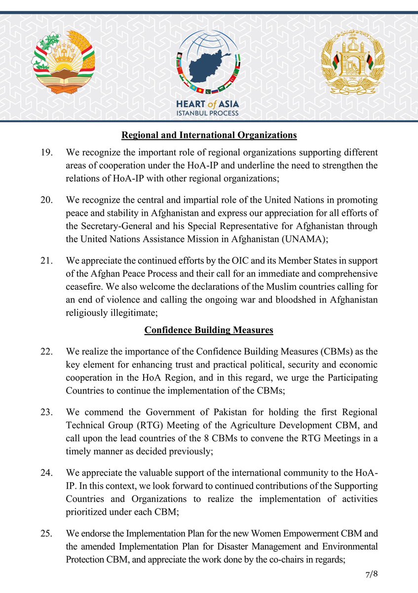 HeartofAsia_IP's tweet photo. The Declaration of the 9th Ministerial Conference (#DushanbeDeclaration) of the @HeartofAsia_IP:
3/3 https://t.co/mUsfaVJAWd