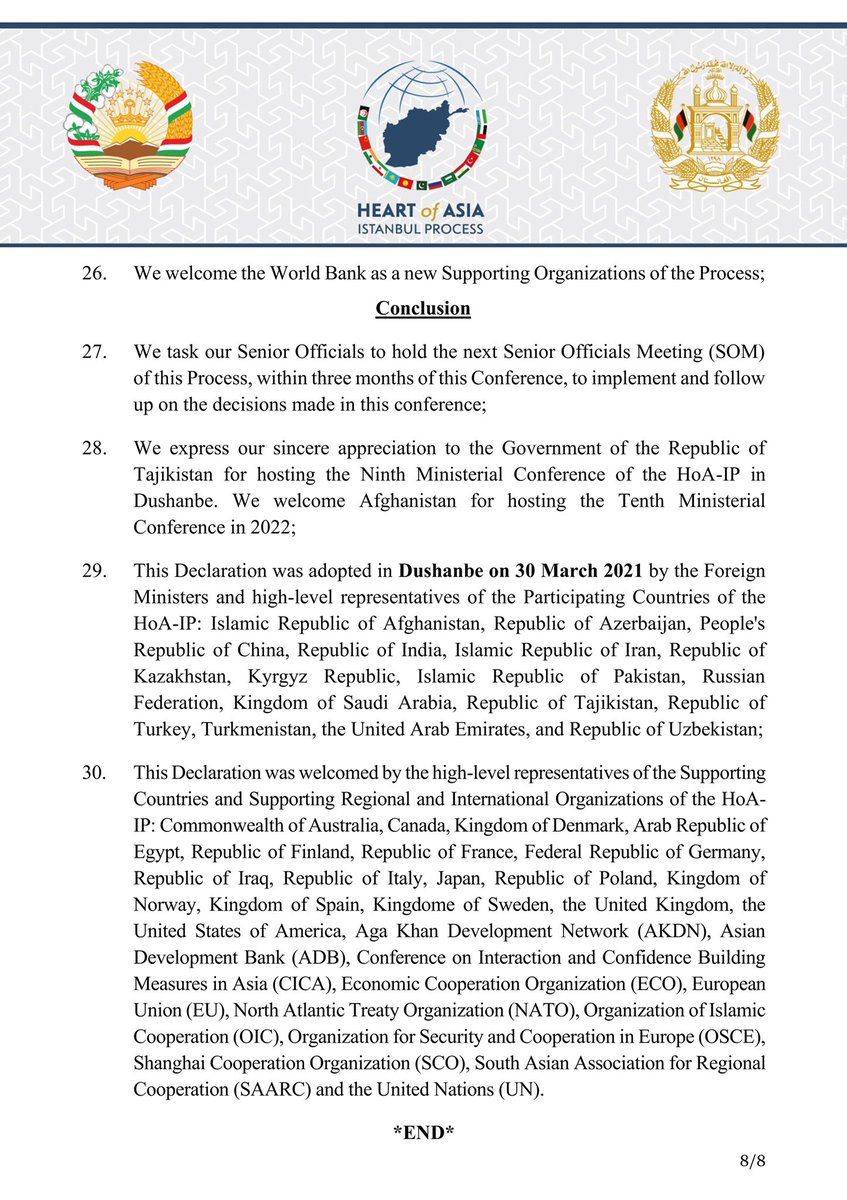 HeartofAsia_IP's tweet photo. The Declaration of the 9th Ministerial Conference (#DushanbeDeclaration) of the @HeartofAsia_IP:
3/3 https://t.co/mUsfaVJAWd