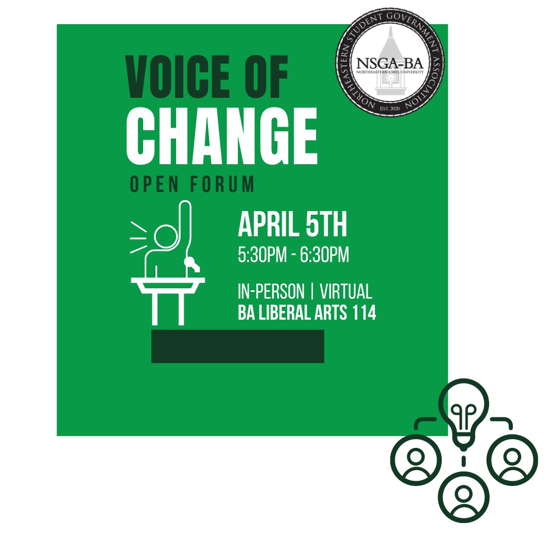 Voice of Change - Open Forum

Join NSGA-BA in discussing how your voice can make a change here at NSUBA.

April 5 | 5:30 PM - 6:30 PM
in-person and virtual

Food/Refreshments/Door Prizes
Send your comments ahead of time here ow.ly/5dBh50EbEW0