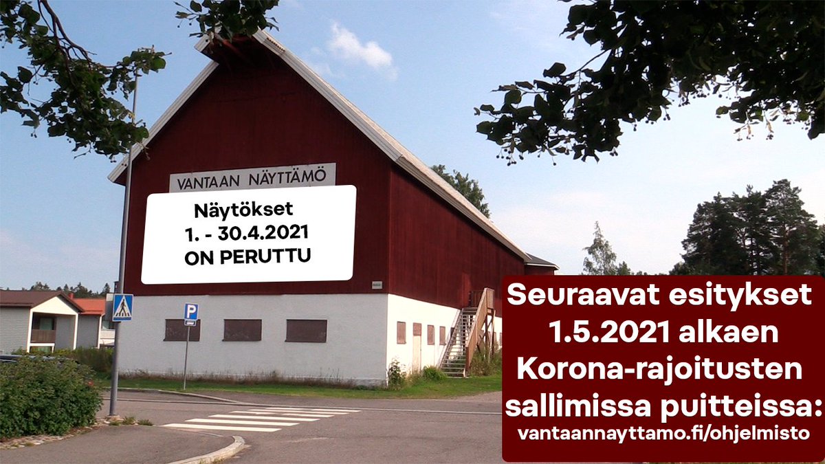 VantaanN's tweet photo. Koronarajoitusten takia Vantaan näyttämön kaikki esitykset on peruttu 30.4.2021 saakka.
Seuraa ilmoitteluamme kevään esitysten osalta. 
Lisätiedot: https://t.co/HvVRJoBCIs https://t.co/znYQ4aOYky