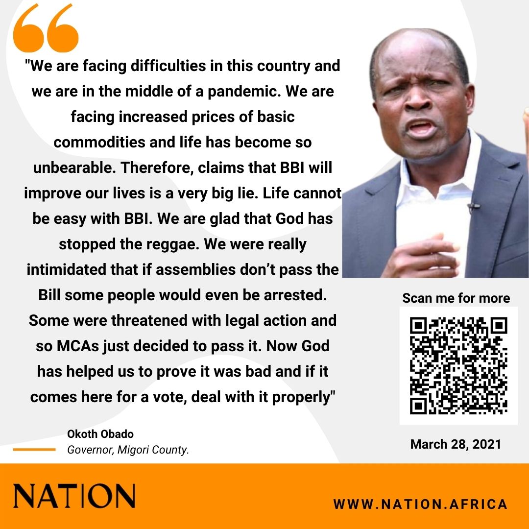 NationAfrica's tweet photo. Claims that BBI will improve our lives is a very big lie. Life cannot be easy with BBI. We are glad that God has stopped the reggae - Okoth Obado https://t.co/3zejGYmTGO