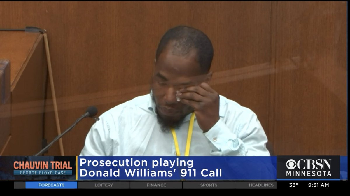 DeRushaJ's tweet photo. Donald Williams wipes at his eyes ad prosecutors play his 911 call from the scene. He “called police on police” said Chauvin “pretty much killed a guy.” #ChauvinTrial https://t.co/ZuA6bypCzp
