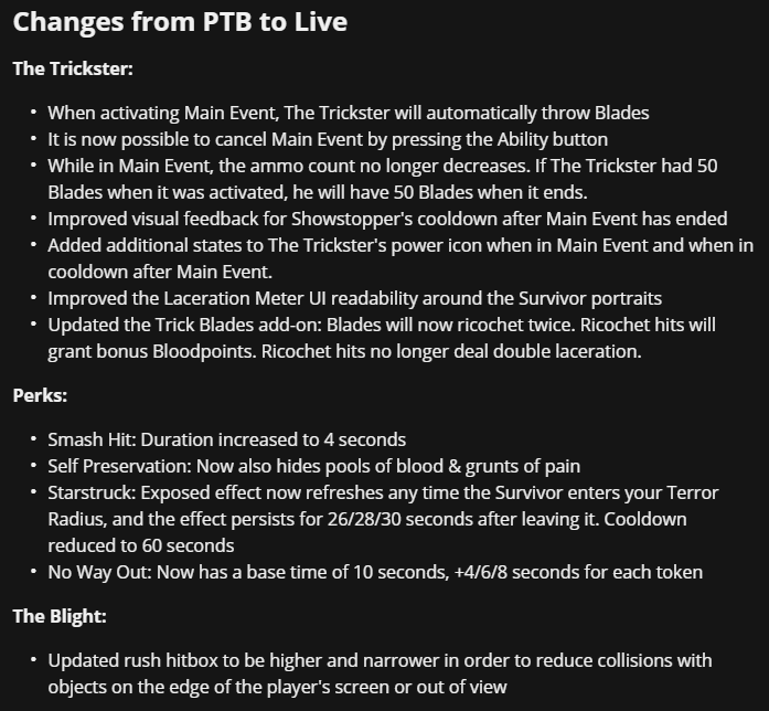 Leaksbydaylight Dead By Daylight Leaks More Chapter 19 Patch Notes The Update Will Be Released At 11 Am Est What Do You Think About The Changes