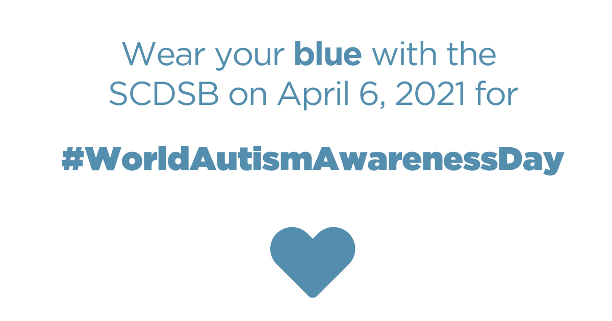 Tomorrow, April 2, 2021 is #WorldAutismAwarenessDay. SCDSB schools will recognize this day on Tuesday, April 6. 

Wear something blue on April 6 to demonstrate the importance of understanding and acceptance for people with autism. 💙 #AutismAwareness