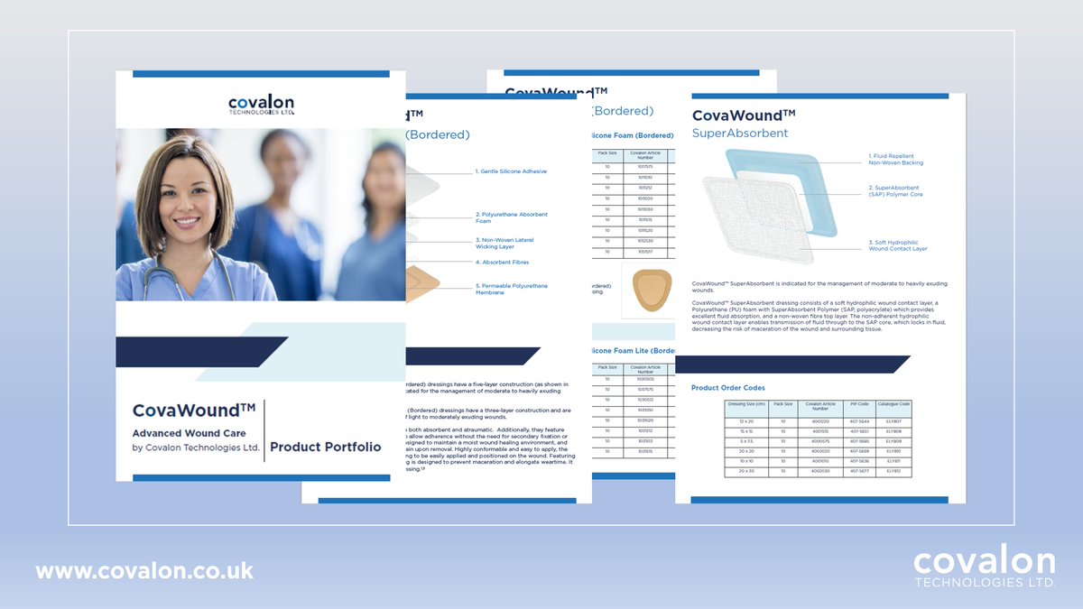 CovalonEurope's tweet photo. Our new Product Portfolio brochure is available now to view at https://t.co/8hG7zSJSWG. Featuring our full CovaWound range including Silicone, Hydrocolloid, SuperAbsorbent and Alginate dressings. Check out the brochure for full information on dressing sizes and order codes. https://t.co/j0tY0ydlwW