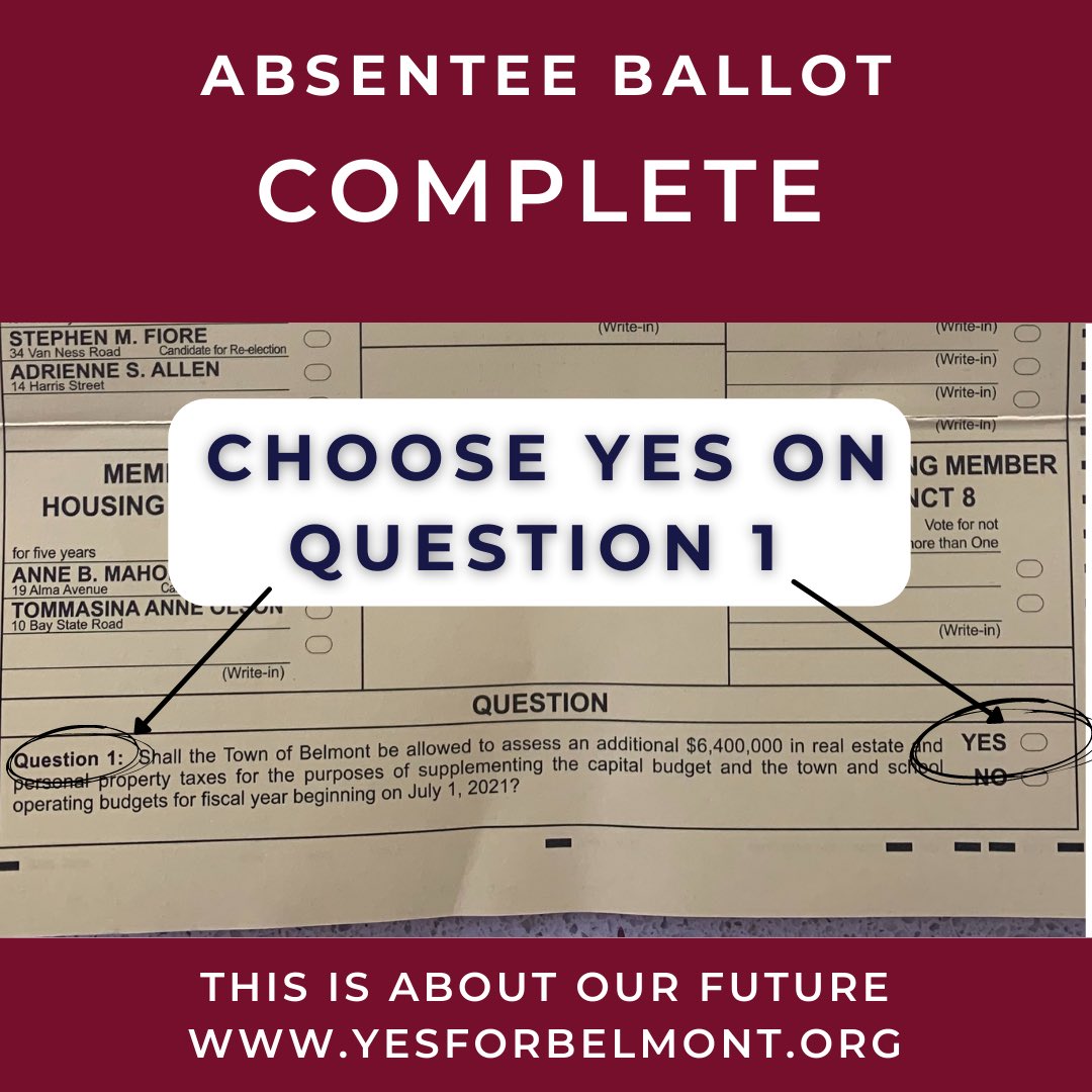 YesForBelmont's tweet photo. Request / Complete / Return
Last chance to request an absentee ballot. Deadline is tomorrow at 5pm. It’s easy to do. Then complete your ballot and return. Every vote counts and we need your Yes vote.
#VoteYesonApril6th
#VoteYesonQuestion1
#VoteYesforBelmont https://t.co/IvpsQ3Lo0S