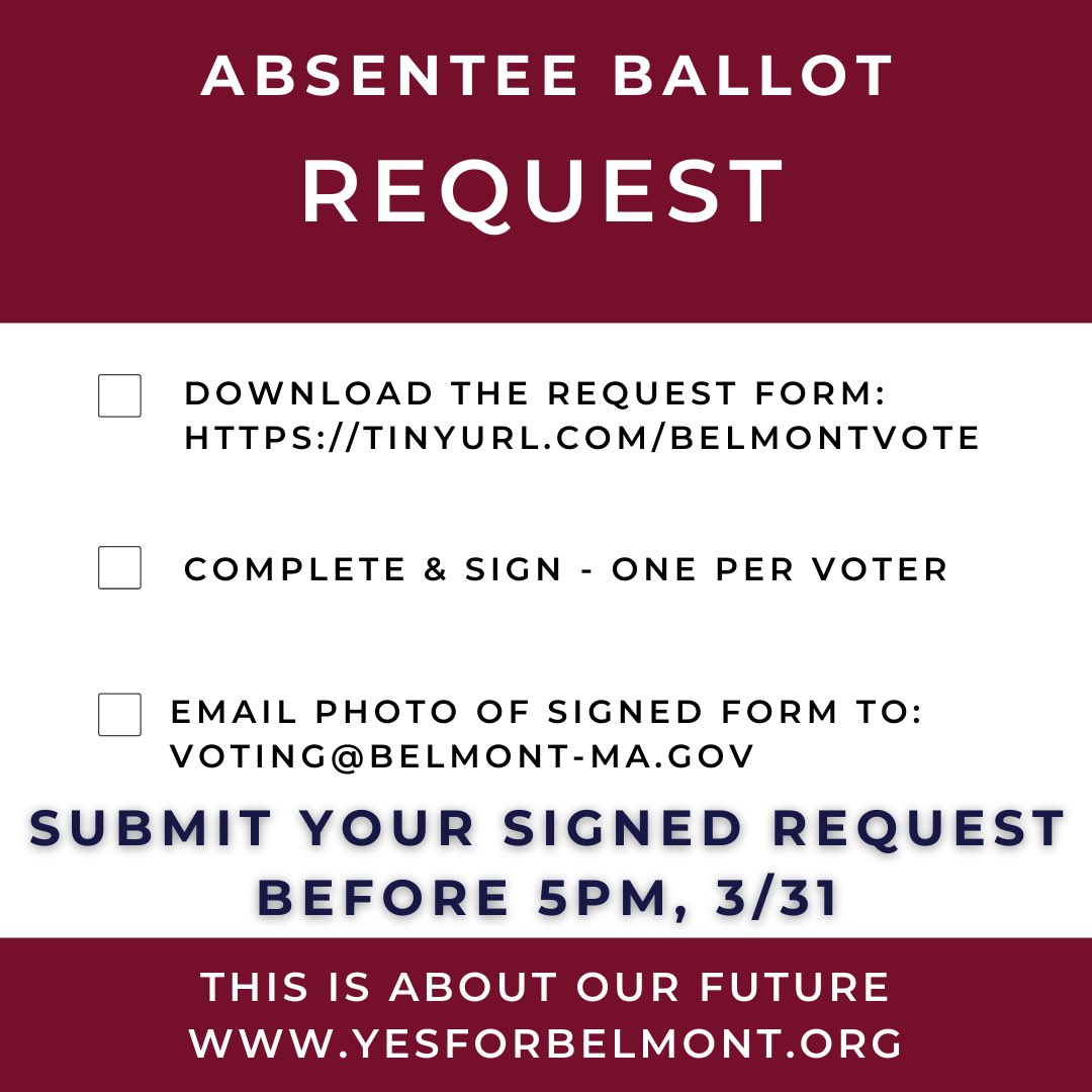 YesForBelmont's tweet photo. Request / Complete / Return
Last chance to request an absentee ballot. Deadline is tomorrow at 5pm. It’s easy to do. Then complete your ballot and return. Every vote counts and we need your Yes vote.
#VoteYesonApril6th
#VoteYesonQuestion1
#VoteYesforBelmont https://t.co/IvpsQ3Lo0S