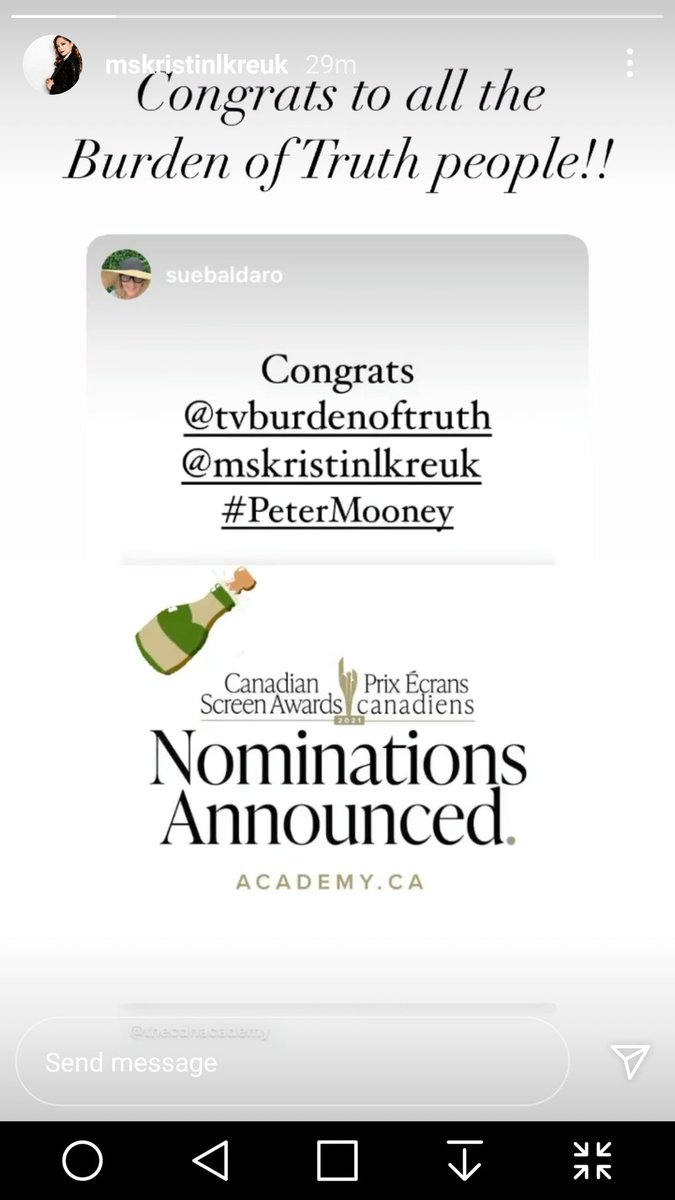 Floriel6's tweet photo. A well deserved nomination for The Canadian Screen Awards 4 #BurdenOfTruth announcement from the IG acct of @MsKristinKreuk My congrats 2 Executive Producer, Actress #KristinKreuk &amp; Everybody who worked so hard especially during a pandemic. Sorry I don't have room to mention all. https://t.co/WqMAbGGBjR
