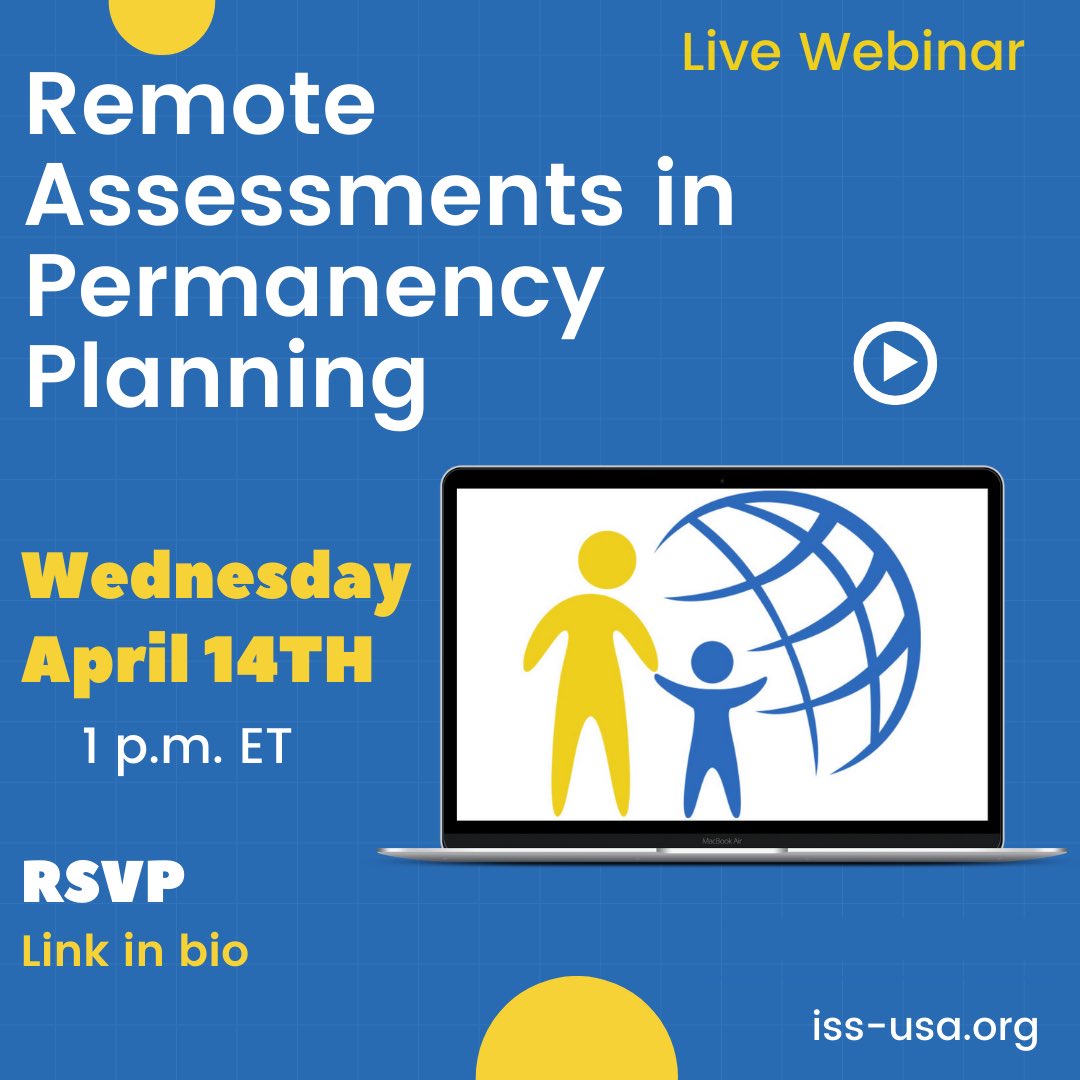 ISS_USA's tweet photo. Promoting Permanency during the COVID-19 Pandemic
All agencies and individuals involved in planning for or carrying out child-welfare related assessments are encouraged to attend our free, live webinar! Register: https://t.co/tVMaWW1YG7 https://t.co/U7QV7W4p0C
